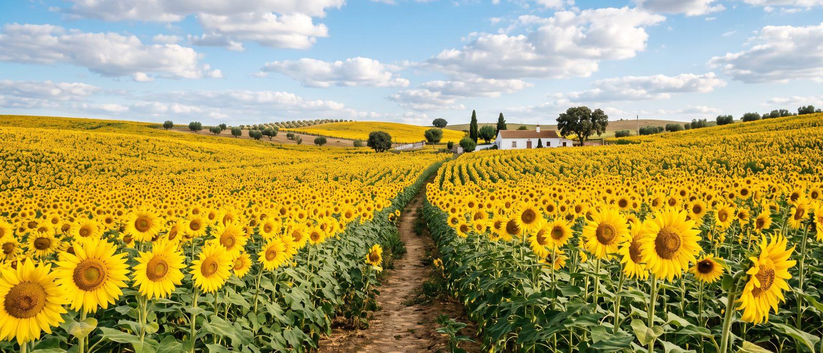 Camino de tierra entre un campo de girasoles