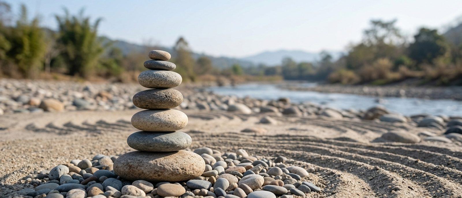 Piedras de río apiladas en equilibrio sobre arena rastrillada