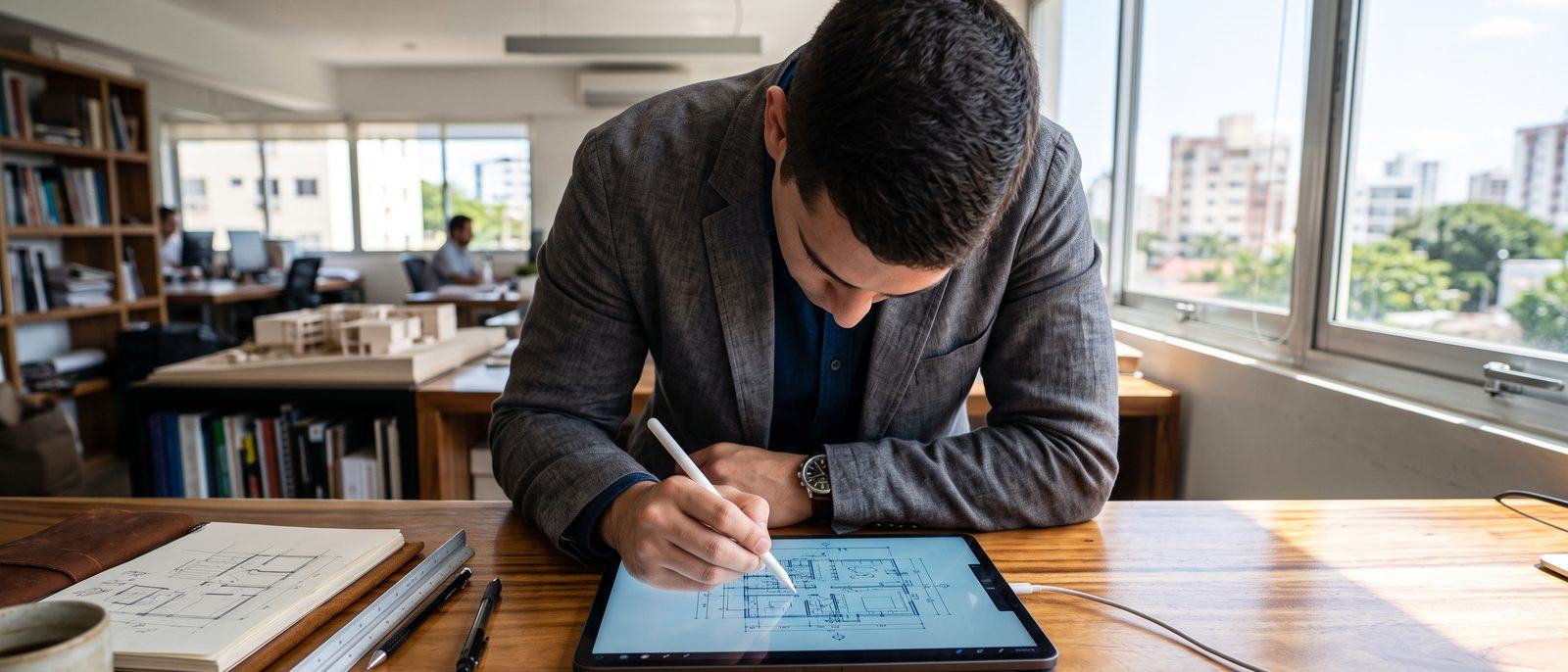 Arquitecto dibujando un plano en una tableta