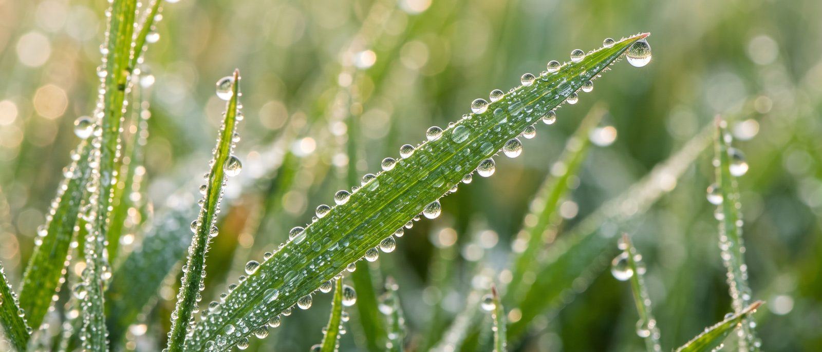 Gotas de rocío alineadas sobre una hoja de hierba