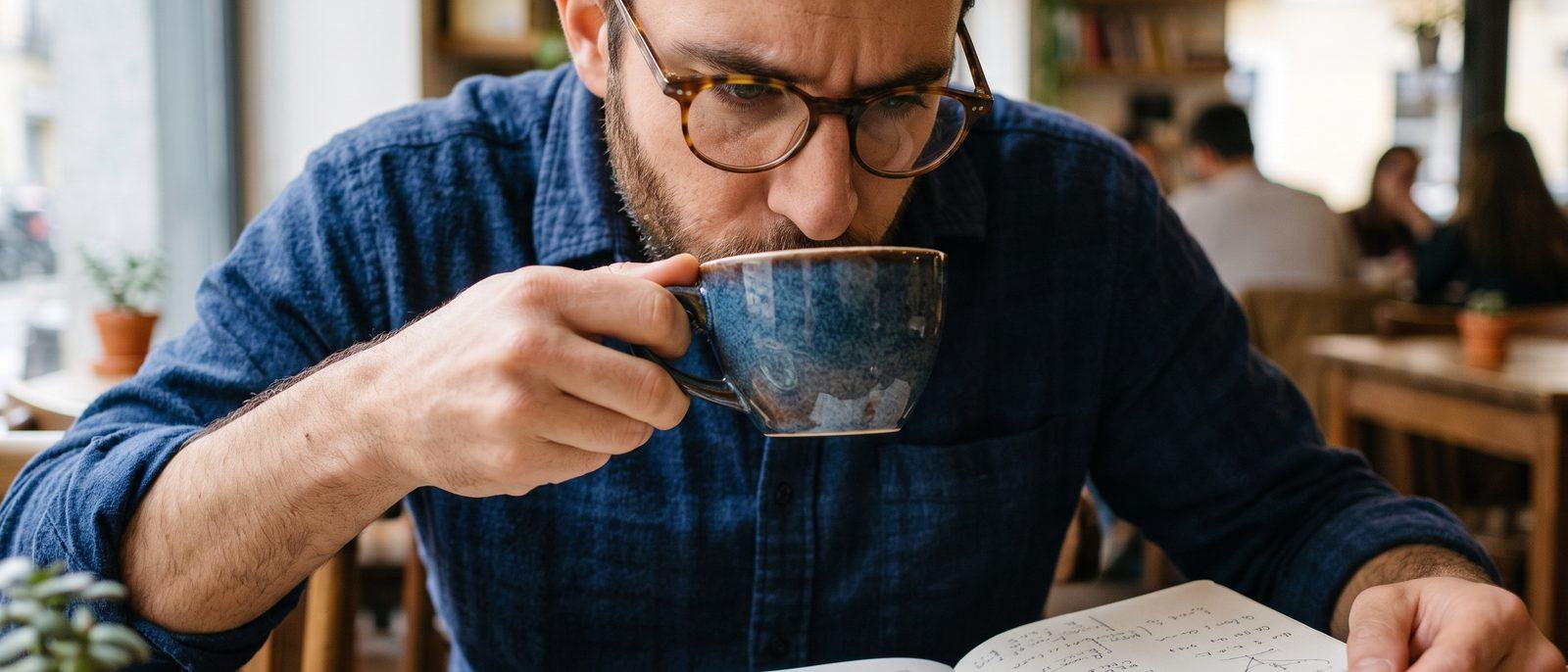 Persona con la taza en la mano, concentrada en una libreta llena de anotaciones y esquemas a mano